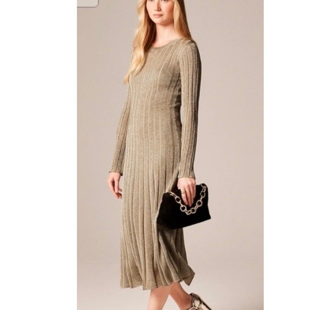 J.Crew Ribbed Knit Flare Sweater Dress Lined Mettalic Gold Women's XS NWT